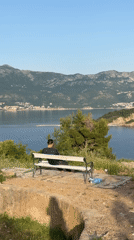 Man sits on bench overlooking bay in Budva