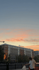 Man observes small dog near red car at urban dusk