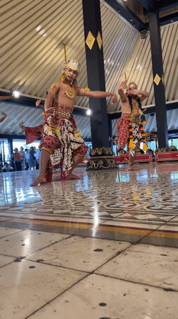 Traditional Javanese dancers perform in full ceremonial costume, Yogyakarta