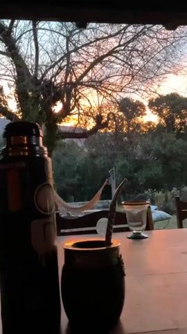 The video shows a close-up of a mate cup and a thermos on a table. The background is a sunset with trees and a hammock. The scene appears to be outdoors, possibly on a porch or patio. The lighting suggests it is dusk or early evening. There are no people visible in the video. The objects are silhouetted against the bright sky, making it difficult to discern fine details.
