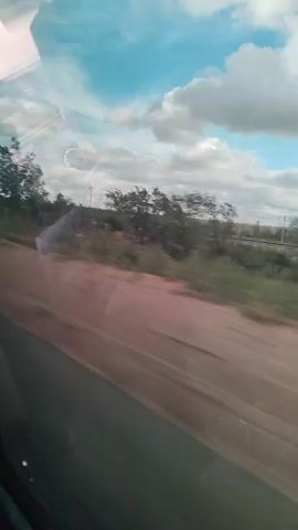 The video shows a view from a moving vehicle, likely a car or bus, looking out a window. The landscape outside consists of a dirt road or track in the foreground, bordered by dry grass and sparse trees. In the background, a line of wind turbines is visible on the horizon, along with more trees and vegetation. The sky is blue with scattered white clouds. The movement of the vehicle causes a motion blur effect on the trees and landscape, indicating that the footage is being recorded while in transit. There are no people or clear objects visible within the immediate frame of the scene apart from the natural elements and the wind turbines.