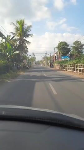 The video is shot from inside a vehicle, looking forward down a paved road. The road has a white line painted down the center. On either side of the road are trees, some with palm fronds, and some smaller leafy trees. There are also some buildings and structures visible. In the distance, there appears to be a large, decorated archway spanning the road. Several people are on the road, including some riding motorcycles or scooters. The sky is blue with some white clouds, and the sun is casting shadows on the road.