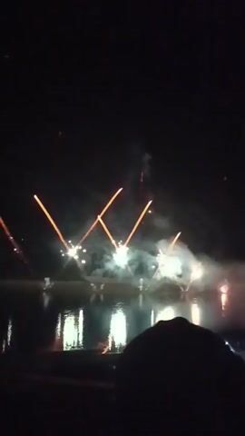 A fireworks display over water. Orange streaks of light arc across the dark sky, followed by explosions of red and white sparks. The fireworks are reflected in the still water below. In the foreground, a dark silhouette of a person's head and shoulders is visible, suggesting the perspective of someone watching the show. The scene is dark, illuminated only by the vibrant bursts of light from the fireworks.