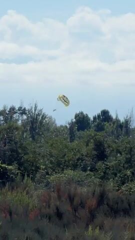A paratrooper with a yellow and white parachute descends over a landscape of dense green trees and shrubs under a bright blue sky with scattered white clouds. The paratrooper appears to be the only person visible. The parachute is partially deployed and angled as the paratrooper falls. The terrain below consists of a dirt road and more vegetation.