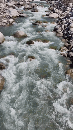 Aerial views of Beas River rapids near Bahang village