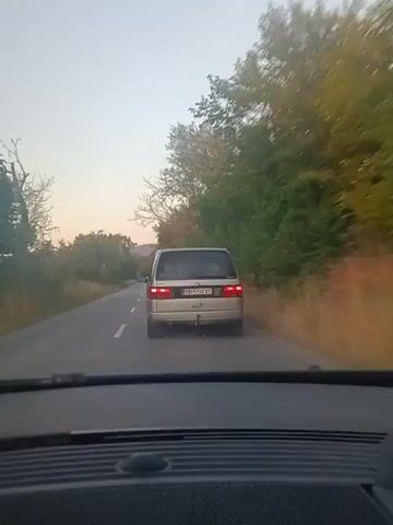 The video shows a view from inside a vehicle traveling on a paved road. The road has a white line dividing lanes and is bordered by trees and dry grass. In front of the vehicle, another silver van is visible, driving in the same direction. The van has a license plate that is partially visible. The sky is a light blue, suggesting it is either early morning or late afternoon. The camera appears to be mounted on the dashboard of the vehicle.