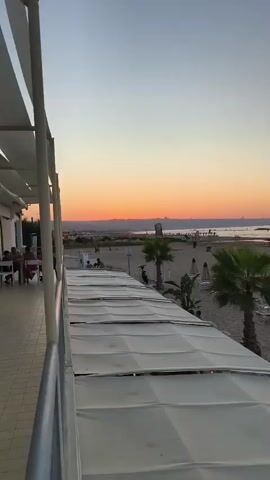 A scenic view of a beach at sunset. The sky is painted with warm orange and pink hues, transitioning to a clear blue at the top. The beach is lined with rows of empty lounge chairs and closed umbrellas, indicating it's either early morning or late evening. Several palm trees are scattered across the sand, adding a tropical feel to the scene. In the distance, the calm sea stretches out, meeting the horizon. A few people are visible walking along the shoreline and wading in the water. The foreground shows the edge of a covered patio or dining area, with white fabric awnings and some chairs visible to the left.