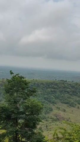 The video shows a panoramic view of a lush green landscape with rolling hills and a hazy sky. The foreground is dominated by trees with vibrant green leaves, some of which are out of focus. In the midground, dense forests cover the hillsides, creating a rich tapestry of green. Beyond the hills, a town or city is visible in the distance, partially obscured by mist or haze. The sky is overcast with gray clouds, suggesting a cloudy or possibly rainy day. The overall impression is one of natural beauty and a somewhat subdued, atmospheric environment. There are no people, objects, or explicit actions depicted in the video, only the static, natural scenery.