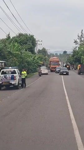 The video shows a road with a police car parked on the left side, its lights flashing. An officer in a yellow and black uniform stands next to the car. Behind the police car, a person is walking on the side of the road.  Several cars and motorcycles are stopped on the right lane. An orange Mitsubishi Fuso truck passes in the center of the road. The truck is loaded with cargo covered by a striped tarp. Overhead power lines run above the road. Green trees and vegetation are visible on the left side of the road. The sky is overcast.