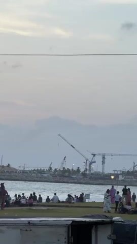 The video shows a coastal park bustling with people on what appears to be an overcast day. The sky is pale with clouds. A significant number of people are seen strolling, sitting on the grass, and generally enjoying the outdoor space. In the background, across the water, are prominent structures, including construction cranes and large red gantry cranes typically found in a port or shipping facility. Several kites dot the sky, adding a touch of whimsy to the scene. In the foreground, part of a white vehicle or trailer is visible.