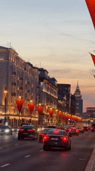 Evening traffic flows through flag-lined Moscow street at dusk