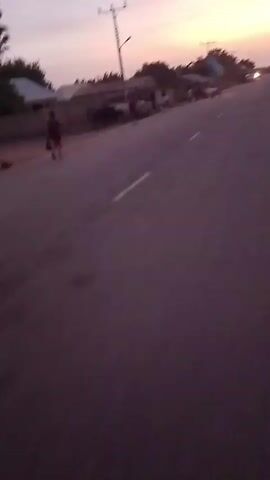 A person wearing dark clothing walks down a paved road. Several sheep are visible on the side of the road, near a few buildings. The sky is a pale orange and purple, indicating sunrise or sunset. There is a utility pole and power lines visible. A vehicle with illuminated headlights is in the distance. The road has a white dashed line marking the lane.