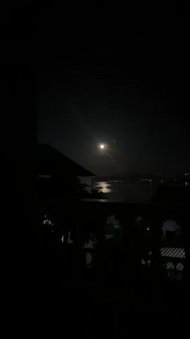 The video presents a dark, tranquil nighttime scene, likely captured from a slightly elevated vantage point in Bijela, Montenegro. A brilliant, full moon dominates the upper center of the frame, casting a strong, elongated reflection across a calm body of water, which appears to be a bay or the sea. The moon exhibits a distinct lens flare effect, creating prominent light rays.

In the immediate foreground, dark silhouettes of buildings, likely houses with sloped roofs, and dense foliage (trees or bushes) are visible, obscuring parts of the water and sky. These elements are rendered almost entirely in black due to the lack of direct light, contrasting sharply with the bright moonlight. Across the expanse of water, on a distant shoreline, numerous small, scattered artificial lights can be seen, indicating another inhabited area.

The overall atmosphere is one of peaceful darkness, illuminated primarily by the natural glow of the moon. There is no visible activity or movement within the scene itself, as the camera remains static. In the background, non-English speech, specifically the phrase "На хрен Брюса" (which translates to "To hell with Bruce" or "Screw Bruce"), is audibly present, suggesting a conversation taking place near the recording device.
