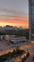 Colorful sunset captured across Moscow cityscape from multiple viewpoints