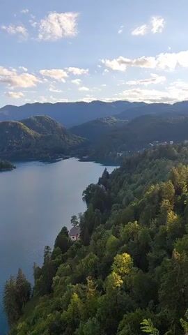 This is a vertical video, filmed from a high vantage point, overlooking a serene lake surrounded by lush green hills and mountains. The water is a vibrant blue-green, reflecting the clear sky above. A small island with a white church stands in the middle of the lake, adding a picturesque element to the scene. The sun is shining, casting a warm glow on the landscape, suggesting it's late afternoon or early evening. The weather appears to be fair and pleasant, with a few scattered clouds dotting the bright blue sky.

The scene depicts a tranquil natural landscape, with no people or specific activities immediately apparent. The focus is on the breathtaking scenery of Lake Bled in Slovenia. The surrounding hills are covered in dense, vibrant green trees, indicating a healthy and thriving ecosystem. The mountains in the background are layered, creating a sense of depth and scale. A few houses are nestled along the shoreline, hinting at the presence of a nearby settlement. The overall mood is peaceful and idyllic, inviting contemplation and appreciation of nature's beauty. The video has a timestamp "00:00" in the upper left corner, but no other visible text.