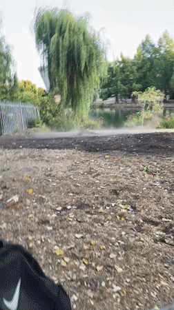RC truck kicking up dust by a lakeside in Guildford