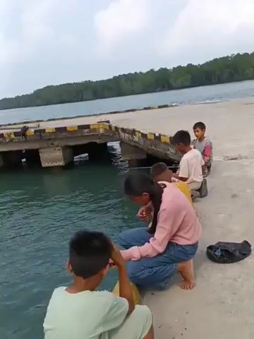 A group of four young people, three boys and one girl, are gathered on a concrete pier next to the water. The girl, wearing a pink hoodie and blue jeans, is in the foreground, squatting and appearing to be holding something small in her hands near the water's edge. To her right, a boy in a light-colored t-shirt is also squatting. Further back, another boy in a white t-shirt is sitting, and a third boy in a colorful shirt is sitting behind him. The pier extends into a body of water with a forested shoreline visible in the distance. The sky is overcast.