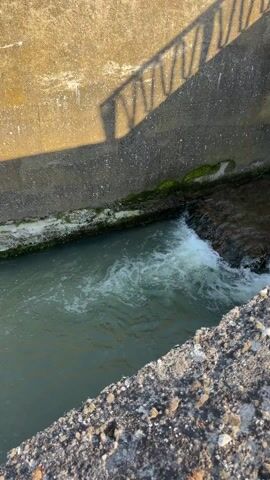 The video shows a concrete-lined waterway with water flowing over a small drop. The water is murky and slightly green in color. Moss grows on the concrete edges of the waterway. Sunlight casts shadows from an overhead structure, possibly a bridge, and a person. The water moves with some turbulence at the drop. The camera angle shifts, revealing a clearer section of the stream with visible pebbles on the bottom. There appears to be a person casting a shadow on the far left side of the concrete canal.