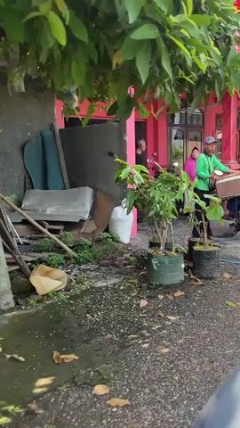 The video opens with a wide shot of a pink building. In the foreground, a man wearing a green shirt and black pants stands next to a motorcycle. He is carrying a large brown box. To the left of the man, there are several potted plants. Behind him, another man wearing a black shirt stands near the entrance of the building. The video then pans to the right, showing the motorcycle, which has a license plate that reads "B 3546 XAK". A blue hose is visible on the ground. The building has red shutters covering the windows. The scene appears to be an outdoor area in front of a residential building.