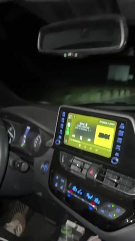 The video captures a dynamic interior view of a car at night. A young woman with long brown hair is seen from the side, behind the steering wheel, laughing joyfully. The car's dashboard features modern digital displays with illuminated green and blue elements, one of which appears to be a music player interface. A brown, curly-haired dog, possibly a poodle or doodle, wearing a colorful collar, is shown resting on someone's lap in the passenger area, being gently petted by a hand. The overall atmosphere suggests a lighthearted moment during a night drive.