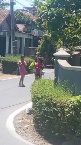 The video shows a street scene with several people and objects. In the foreground, a green bush is prominent on the right side of the frame. To the left, a paved road curves away. Two young individuals wearing pink clothing are walking on the road. One is closer to the foreground and appears to be walking towards the viewer. The other is further back and slightly to the right, also walking along the road. Behind them, a motorcycle with at least two occupants is traveling away from the viewer. In the background, there are buildings and trees, indicating a residential or village setting. The day appears bright and sunny.