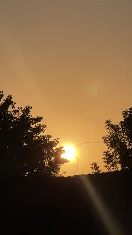 A video clip displays a sunset with the sun at its center, partially obscured by silhouetted trees and a dark ridge. The sky is a warm gradient of orange and yellow. Sunlight rays are visible, streaking across the lower right portion of the frame. A thin, dark line, possibly a strand of thread or a thin wire, is visible against the bright sun and extending towards the right.