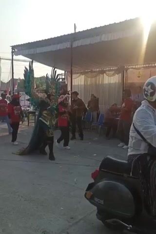 The video shows a parade or festival event. In the foreground, on the left, a person in an elaborate, colorful costume walks from left to right. The costume features large, green, feathered wings, an ornate headpiece, and a flowing train decorated with gold and green patterns. The person is wearing black boots.

Behind the costumed individual, there is a crowd of people. Some are wearing red shirts. On the right side of the video, there is a banner that reads "KARNAVAL PLUPUH" and "81". There are also people standing and sitting, some watching the parade. A stage or viewing area with a canopy is visible in the background, with white drapes hanging. The lighting suggests it is daytime, with sunlight creating a bright glare in the upper right corner. A motorcycle is partially visible in the bottom right corner. The ground is paved. Several individuals appear to be associated with the event, some holding what look like awards or trophies.