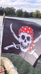 Afternoon boat trip on a Potsdam lake, pirate flag flying