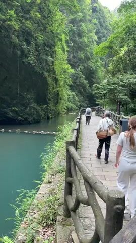 The video shows several people walking along a path in a lush, green environment, with a river flowing beside them. The river water is clear and turquoise, reflecting the trees and sky. The path is paved with stone and has a wooden railing in some sections. The video shows lush green foliage covering the cliffs and trees surrounding the river. The camera follows the people as they walk, and it also pans to show the scenery. At one point, the path turns into a wooden bridge.