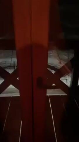 From the vantage point of a porch, a hand opens a set of double doors to reveal a snowy landscape at night. The porch is made of dark wood with a visible wooden railing. The snow-covered ground stretches out into darkness, dotted with trees. A single string of lights is visible near the bottom of the frame. The scene is generally dark and lit by unseen light sources.