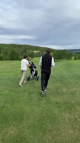 Two men are walking on a golf course. One man is pushing a golf cart. The other man is walking beside the golf cart. They are walking away from the camera. The golf course is green and lush. There are trees in the background. The sky is cloudy.
