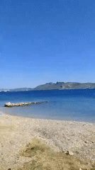 Calm pebbled shoreline with pines and a rock breakwater
