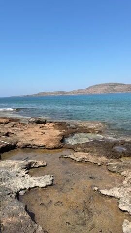 A static shot of a rocky coastline meets the sea under a clear blue sky. The ocean water is a vibrant turquoise, with small waves lapping against the shore. The rocks are rough and uneven, with pools of water collecting in crevices. In the distance, a low-lying island or peninsula is visible, its hills muted by the haze. The scene is peaceful and serene, with no signs of human activity.