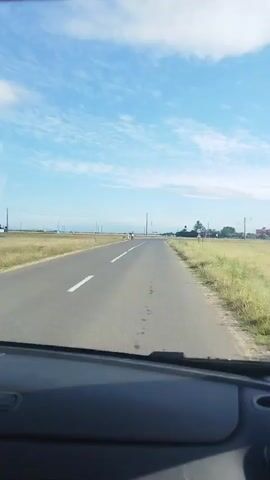 The video, filmed from inside a car, shows a car driving down a paved road with a white line down the center. The road is surrounded by dry, grassy fields. The sky is blue with scattered white clouds. In the distance, there are several poles and some trees. As the car approaches, a person is seen pushing a baby stroller on the side of the road. The car continues to drive down the road, passing by the person and stroller. There are a few other cars and people visible in the distance, as well as some road signs.