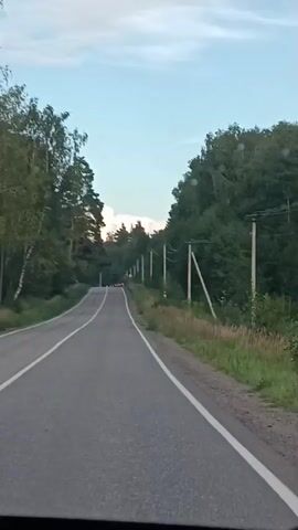 A car is driving on a paved road through a forest. The road has white lines marking the lanes and shoulders. There are trees on both sides of the road, with power lines and utility poles visible. The sky is blue with some clouds. The overall scene suggests a rural or semi-rural environment.