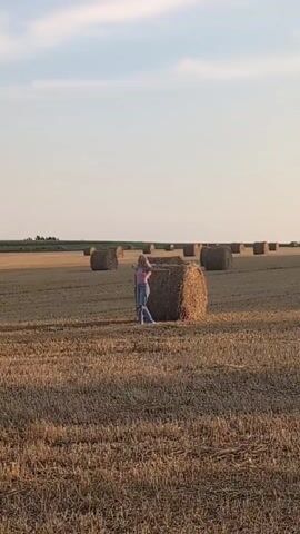 A person stands in a field of hay bales, facing away from the camera. They are wearing a pink shirt and blue jeans. The person raises their arms and spins around. The field is flat and appears to be in the countryside. The sky is clear and a light blue. There are many hay bales scattered throughout the field.