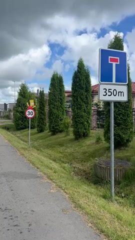 The video shows a speed limit sign with Bart Simpson on it. The speed limit is 30. The sign is located on the side of a road, next to a grassy ditch. There are several evergreen trees behind the sign. The sky is cloudy and there are some houses in the background.