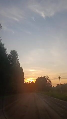 The video shows a dirt road with trees on either side. The sun is setting in the background, casting a warm glow. The sky is a mix of blue and orange. The road appears to be uneven and has tire tracks. There is a power pole visible on the right side of the road. The trees are dense and appear to be a mix of deciduous and coniferous. The overall scene suggests a rural or natural setting.