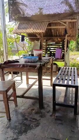 The camera shows a rustic outdoor setting.  A wooden table and bench sit on a concrete floor with a mottled, stained appearance. The table has several containers on it.  Behind the table is a makeshift structure with a corrugated metal roof. Laundry hangs within the structure. Plants are visible in the background, and a doorway frames the view. The video is still and silent.