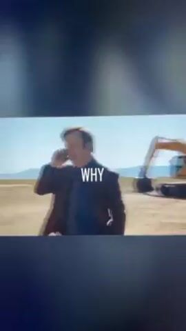 The video shows actor Bob Odenkirk in various clips from the TV show Better Call Saul. In the first clip, he is outside talking on a cell phone. In the second clip, he is wearing a suit, standing near a yellow vehicle, and holding a yellow drink. In the third clip, he is sitting at a desk with files, reading a paper. In the fourth clip, he is inside talking to someone. In the final clip, he is wiping the steering wheel in a car.