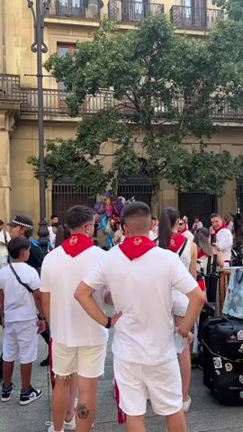 The video opens with a close-up of the backs of two young men wearing white t-shirts and white shorts with red sashes around their necks. They are standing in a crowd of people, facing away from the camera. A brown horse with two people in dark uniforms with white feathered hats is visible in the background. The person on the right of the horse is wearing a black jacket and white pants, and the person on the left of the horse is wearing a similar uniform. The horse is being held by a person wearing a white shirt and black pants who is not fully visible. A woman in a white t-shirt and black pants is standing to the left of the horse and appears to be taking a photo with her phone. To the right of the horse is a black suitcase covered with stickers. The scene is outdoors, with a building facade and trees in the background. The overall impression is of a public gathering or event.