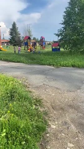 A video shows a playground with a red brick building on the left. Several children are visible on the playground equipment, including a seesaw and slides. The weather appears to be overcast with some clouds in the sky. The ground in the foreground is paved with asphalt and gravel, with grass and yellow flowers growing on the sides. A tall evergreen tree stands behind the playground.