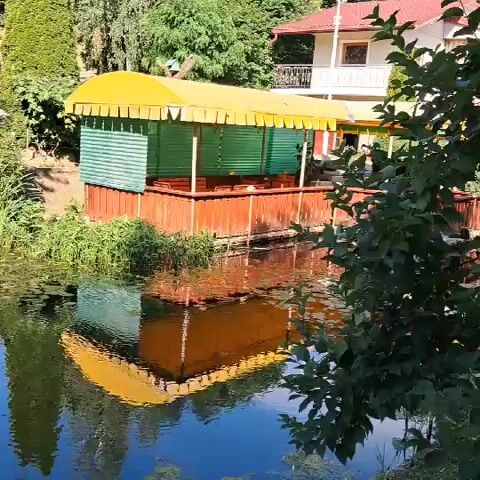 The video shows a body of water with a small structure on stilts over the water. The structure has a yellow awning and green and red walls. The water is partially covered with lily pads and other aquatic vegetation. The reflection of the structure and surrounding trees can be seen in the water. The video pans across the water, showing different areas of vegetation and the murky bottom of the water.