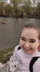 Morning selfies by flowing river in Plovdiv, Bulgaria