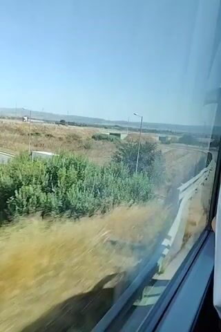 The video shows a view from a vehicle traveling on a highway on a sunny day. The road is paved and has multiple lanes. There are cars and trucks driving on the highway. The surrounding environment is rural, with dry grass, bushes, and some trees. In the distance, there are hills and buildings. The sky is clear and blue. The camera is looking out of a window, and reflections can be seen on the glass.