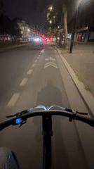 Cyclist travels designated bike lane in Paris at night