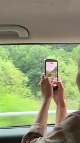 A person's arms and hands are visible from the shoulders down, holding a smartphone vertically in landscape mode. The person appears to be sitting in the passenger seat of a vehicle, as indicated by the interior of the car visible in the foreground, including a grab handle and the car's interior trim. The phone screen displays a video recording of a lush green forest and a body of water. Outside the window, the landscape is a blur of vibrant green trees, suggesting the vehicle is in motion. The sky appears overcast. The person is wearing a plaid shirt.