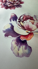 Watercolor peony painting caught mid-brushstroke, up close