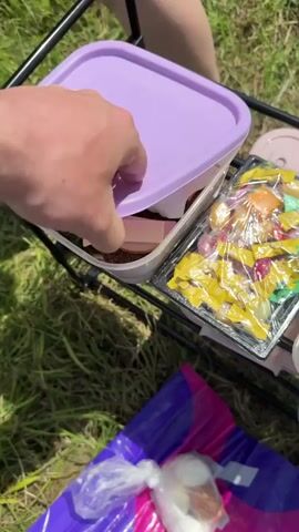 A person opens a plastic food container with a purple lid, revealing two open-faced sandwiches topped with fried eggs and some sprigs of dill, plus two other sandwiches with cheese and meat. The container sits on a small black metal table along with several other food containers, a box of crackers, and a bag of candy. The table is sitting on a patch of green grass. The camera pans to the right to show a view of a body of water, some more grass, and a tree.