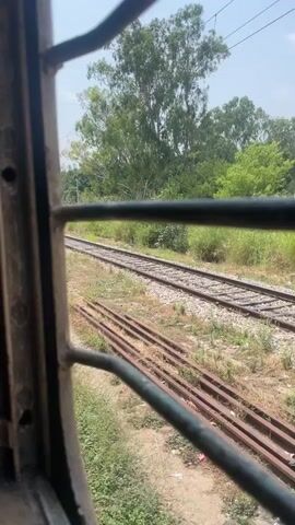 The video, shot from a train window, shows railroad tracks and surrounding vegetation. In the foreground, a metal grille from the train window is visible. Beyond the tracks, there are trees and green foliage under a bright sky. Several white electrical boxes with yellow markings are placed along the side of the tracks. The train appears to be moving along the tracks.